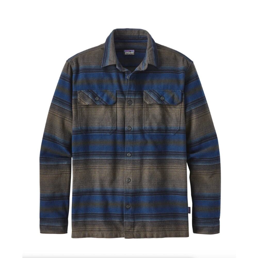 Patagonia Long Sleeved Fjord Flannel Shirt Blanket Stripe Navy Blue Brown Small